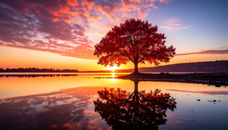 Beautiful autumn landscape with a tree on the lake shore at sunsetの素材