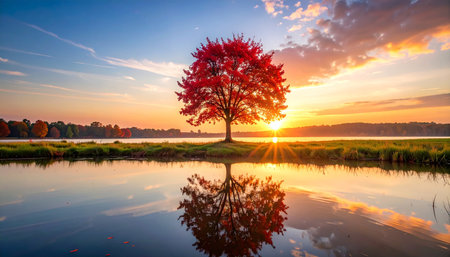 Autumn landscape with a lonely tree in the lake at sunset.の素材