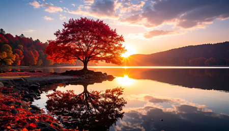 Autumn landscape with lake and tree at sunset. Beautiful nature backgroundの素材
