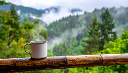 Coffee cup on the balcony in the mountains with foggy viewの素材