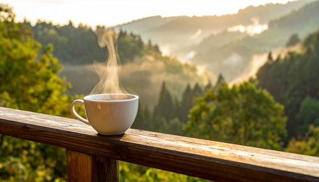 Cup of coffee on the balcony in the mountains at sunrise.の素材