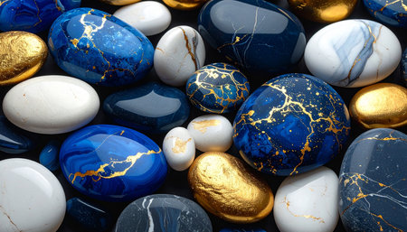 Blue and gold chalcedony pebbles background texture.の素材