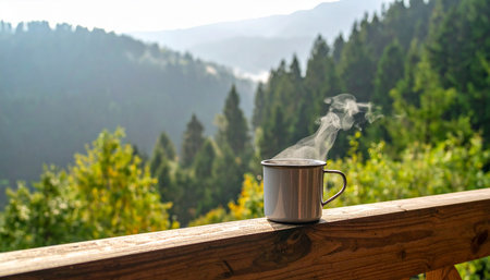 Mug of hot drink on a wooden terrace in the mountainsの素材