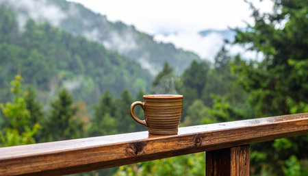 Coffee cup on the balcony with misty mountain view.の素材