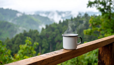 Coffee cup on the terrace with misty mountain viewの素材