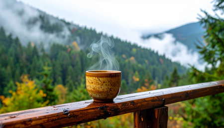 Cup of hot coffee on a wooden terrace in the mountains.の素材