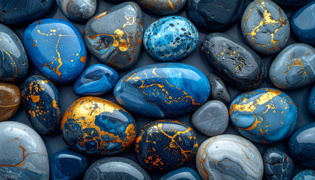 Colorful stones on the beach. Blue, yellow, orange, greenの素材