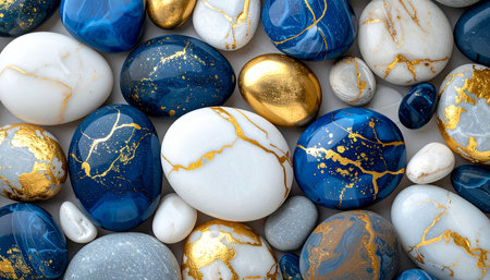 Pebble stones background with gold and blue marble. Top view.の素材