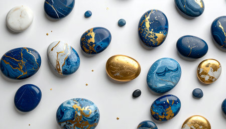 Pebbles with gold and blue pattern on white background, top viewの素材