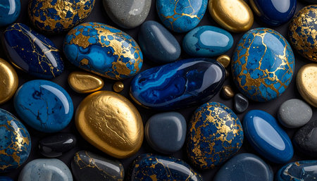 multicolored stones of different shapes and sizes on a dark backgroundの素材