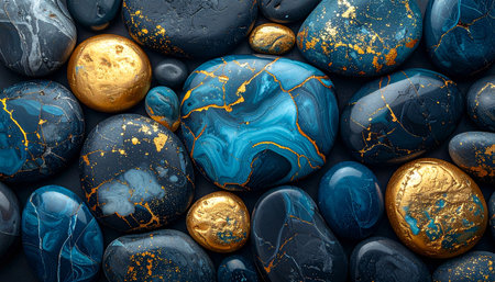Dark blue and gold marble stones background, top view with copy spaceの素材