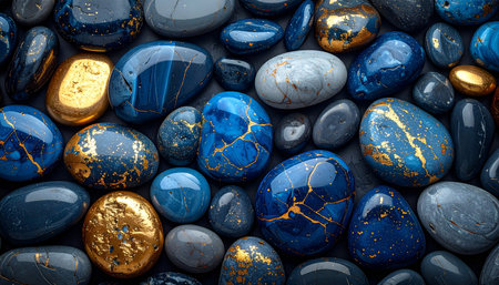 Blue and gold pebbles background. Top view. 3d renderingの素材