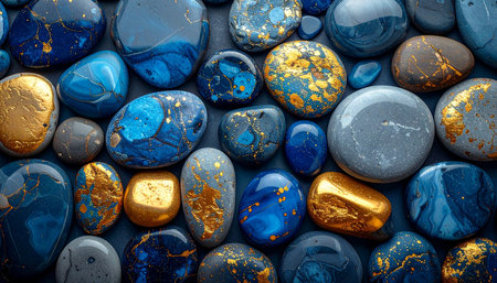Blue and gold pebbles background. Close-up image.の素材