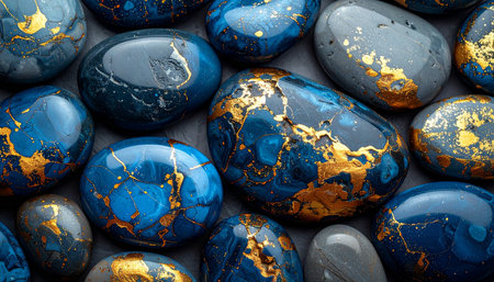 Beautiful blue and gold marble stones background. Natural stone texture.の素材