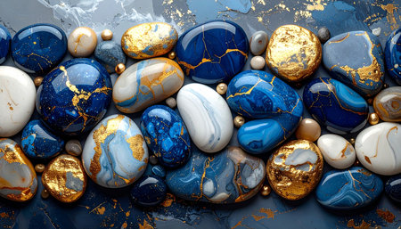 Blue and gold stones on dark blue marble background. Top view.の素材