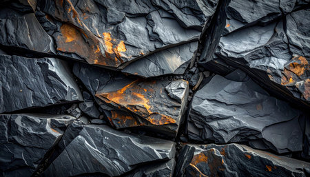 Close up of black slate rock wall texture background. Toned.の素材