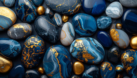 Blue and gold pebbles as a background or texture pattern.の素材
