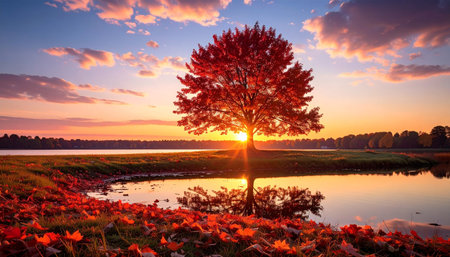 Autumn landscape with maple tree on the bank of lake at sunsetの素材