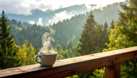 Cup of hot coffee on the background of the mountains and fogの素材