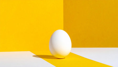 White egg on a yellow and white background. Minimal easter concept.の素材