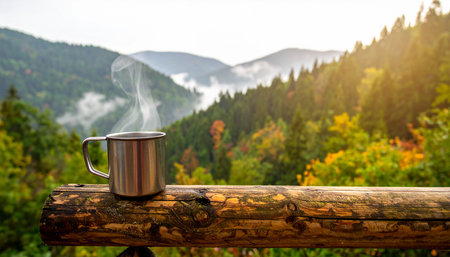 Mug of hot drink on the background of mountains and forest.の素材
