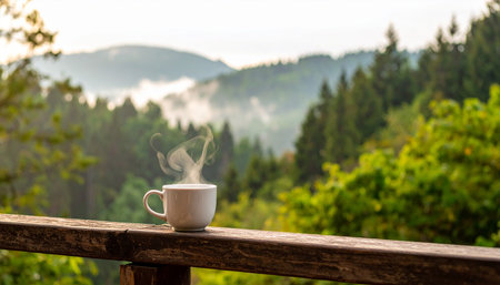 Cup of hot coffee on the balcony in the mountains at sunrise.の素材