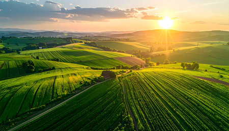 Aerial view of green agricultural fields at sunset. Rural landscape.の素材