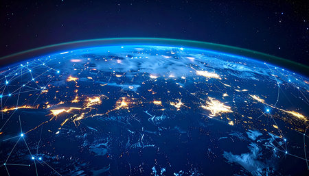 North America from space on planet Earth with network representing international communication, technology and travel. 3D illustration.の素材