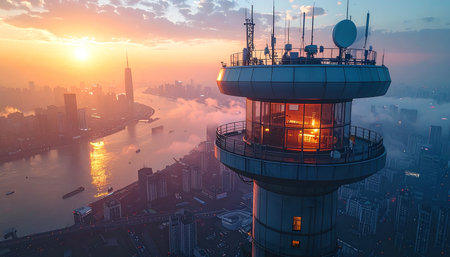 Aerial view of Shanghai skyline at sunrise, China. 3D renderingの素材