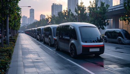 Cars parked in a row on the street in Shenzhen, Chinaの素材