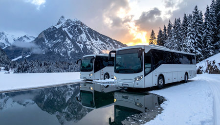 Tourist buses in the winter in the mountains of Bavaria, Germanyの素材
