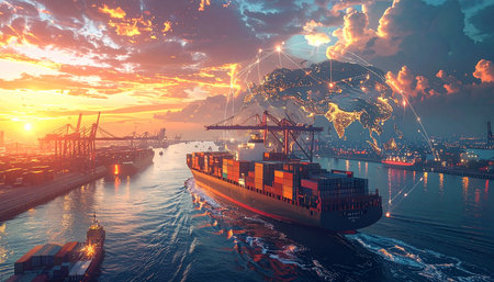 Container Cargo freight ship with working crane bridge at sunset for Logistic Import Export backgroundの素材