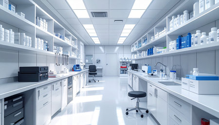 3d render of laboratory interior with test tubes and science equipment.の素材