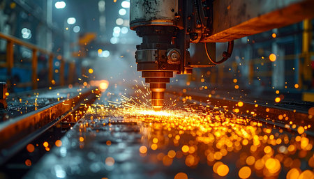 Industrial laser cutting metal with sparks flying in the air. High-tech technology concept.の素材