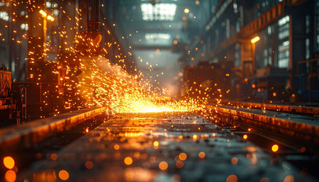 Metalworking industry. Metalworking factory. Sparks from melting steel.の素材