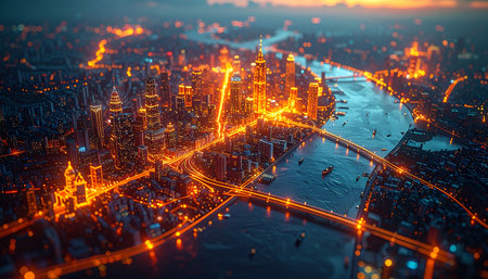 Aerial view of the city at night. 3D Renderingの素材