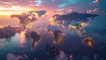 Global logistics network on the world map. Freight transportation concept.の素材