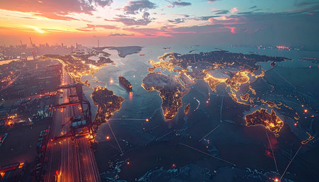 Aerial view of the world's largest container terminal at sunset.の素材