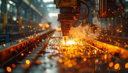 Industrial laser cutting metal with sparks flying in the air. Industrial backgroundの素材