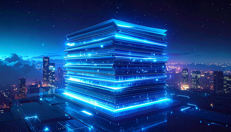 Futuristic city with skyscrapers and neon lights. 3D renderingの素材