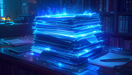 Stacks of papers with blue neon lights. 3d rendering.の素材