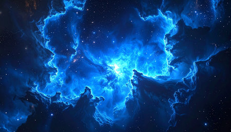 Abstract blue glowing nebula and stars in deep space, computer generated abstract backgroundの素材