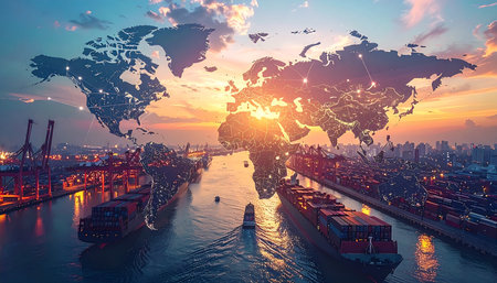 Global logistics concept. Cargo freight ship with container terminal and freight cargo plane flying over the city at sunset.の素材