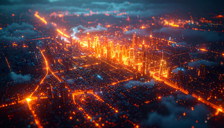 Futuristic city with glowing lights, 3d rendering toned imageの素材