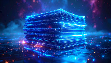 3d rendering stack of books with glowing blue lights on dark backgroundの素材