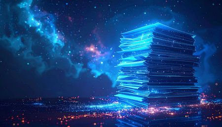 3d rendering stack of papers on blue background with lights and starsの素材