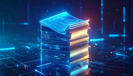 3d rendering stack of books in neon light on dark blue backgroundの素材