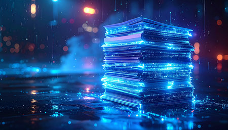 Stack of books on dark background. Education and science concept. 3D Renderingの素材