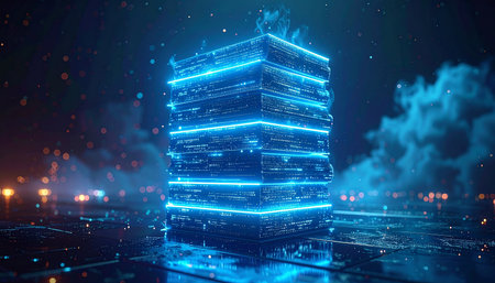 Server tower glowing on dark background 3D rendering. Network and technology conceptの素材