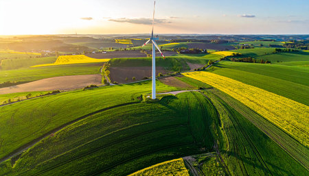 Aerial view on wind turbines on a green agricultural field at sunsetの素材